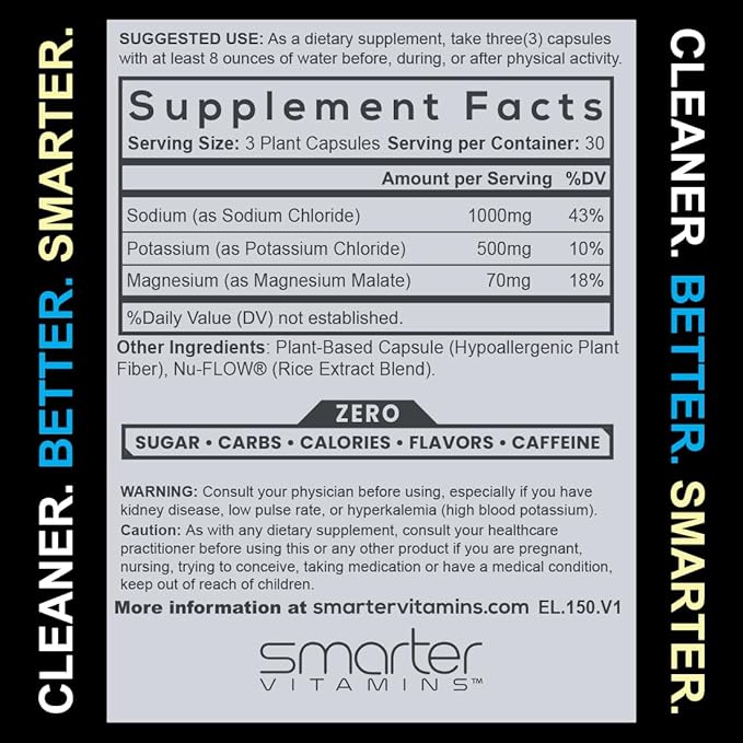 Smarter Electrolyte Capsules – Salt Pills with 1000mg Sodium, 500mg Potassium, 70mg Magnesium – Keto/Fasting & Workout Hydration Support – Zero Sugar – 30 Servings