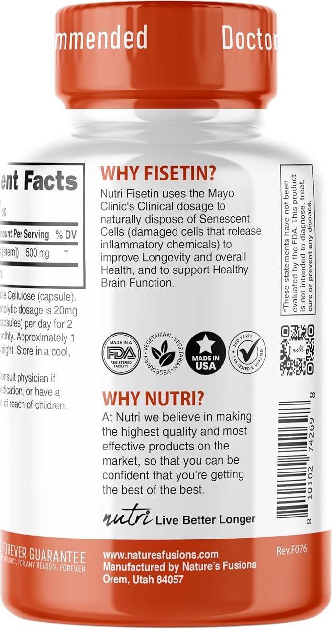 Nutri Fisetin 500mg 60 Count - Clinical Dosage - Fisetin Supplements - Powerful Senolytic Activator, Antioxidant, Heart & Brain Support - Natural Polyphenols - Capsules - 3rd Party Tested for Purity