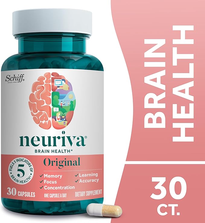 NEURIVA Original Brain Supplement for Memory, Focus & Concentration + Learning & Accuracy with Clinically Tested Nootropics Phosphatidylserine and Neurofactor, Caffeine Free, 30 Capsules (2 Pack)