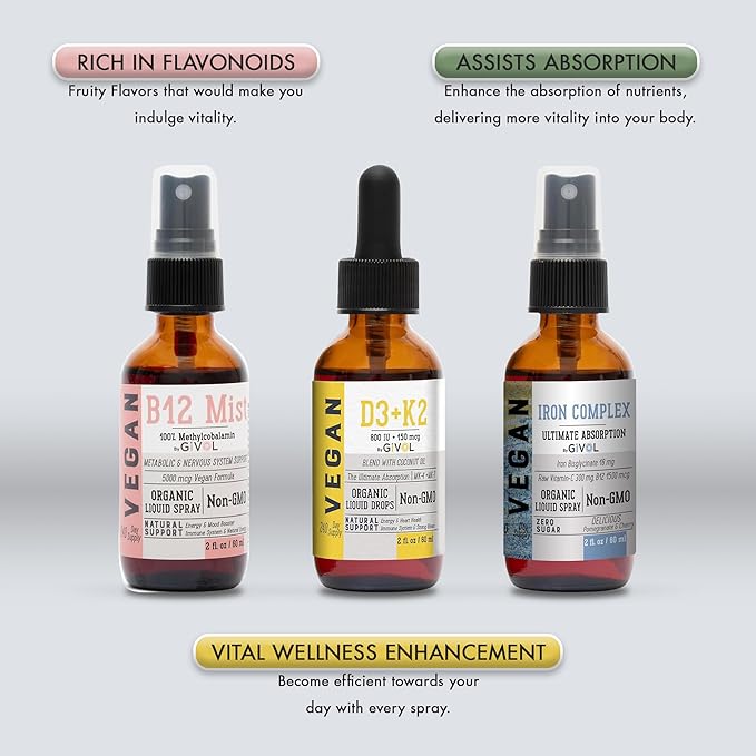 Energy & Vitality Bundle Liquid Vitamin Spray Trio - B12 Methylcobalamin, Iron Bisglycinate, and D3 (Lichen) & K2 (MK4 & MK7), Non-GMO, Gluten Free, Sugar-Free, 2 Fl Oz (60 ml) 540 Days Supply