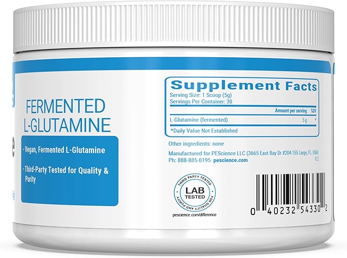 PEScience TruGlutamine, Fermented L-Glutamine Powder, Gut Health Support, Vegan, Third-Party Tested - Unflavored, 30 Servings
