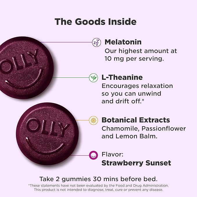 OLLY Max Strength Sleep Gummy,10mg Melatonin,L-Theanine,Chamomile,Lemon Balm,Sugar Free,Vegetarian Sleep Aid,Strawberry -,70 Count (Pack of 2)