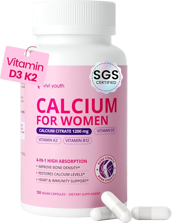 Calcium Supplements for Women - 4-in-1 Calcium 1200 mg with Vitamin D3 K2, B12 - High Absorption Calcium Citrate & Carbonate for Bone Density & Strength, Non-GMO, 120 Vegan Capsules