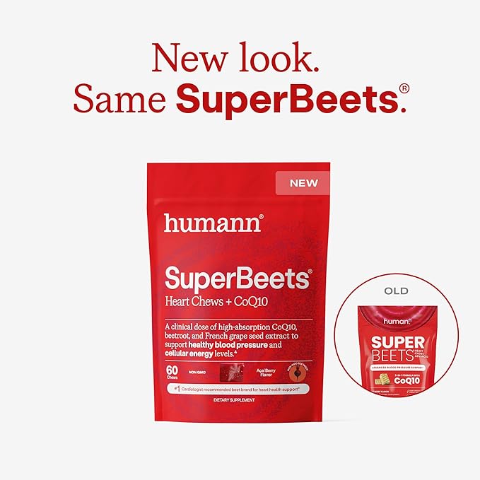 Humann SuperBeets Heart Chews + CoQ10-150mg of CoQ10 Plus Beetroot & Grape Seed Extract, Blood Pressure Support, Support Healthy Blood Flow, Circulation, 60 Count