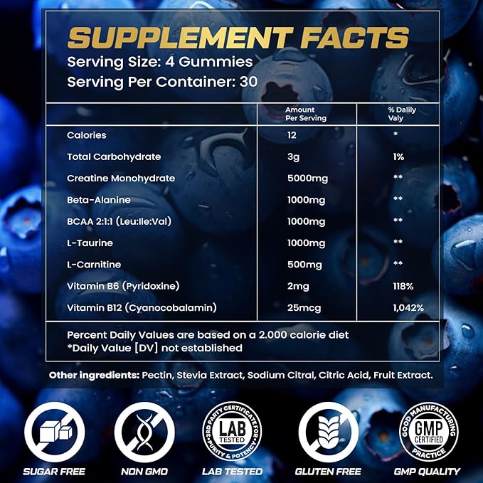 KUKALY Creatine Monohydrate Gummies for Men & Women, 9000MG Creatine Gummies Sugar Free with L-Taurine, BCAA 2:1, B12 B6 for Boost Strength, Focus & Endurance, Vegan, Non-GMO, Blueberry 120*2 Bottle