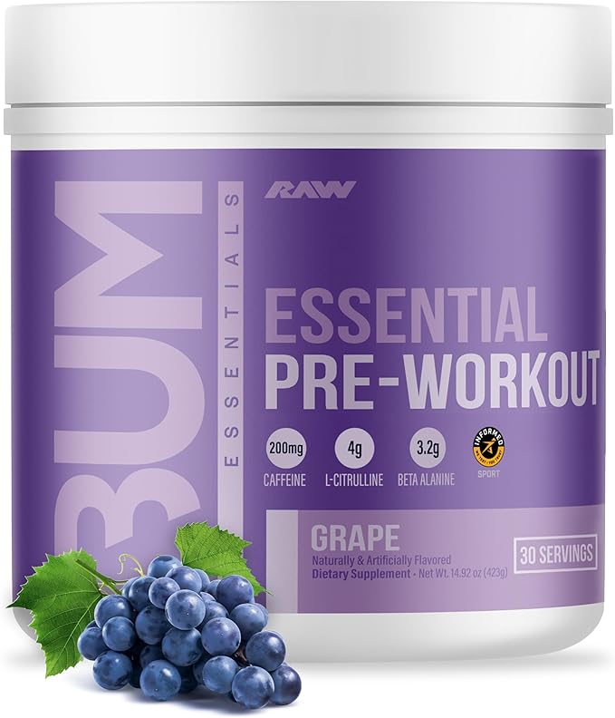 RAW Essential Pre-Workout Powder (Grape) - Chris Bumstead Sports Nutrition Supplement for Men & Women - Preworkout Energy Powder with Caffeine, L-Citrulline, L-Tyrosine, & Beta Alanine Blend