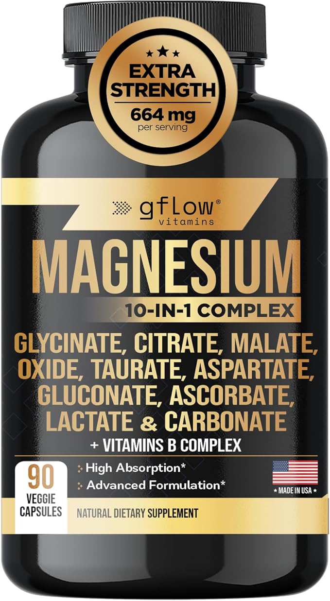 gflow vitamins Magnesium Complex Supplement - 10 Active Forms, Glycinate, Citrate, Malate, Oxide, Taurate, Aspartate, Gluconate, Ascorbate, Lactate, Carbonate, Plus More with Vitamin C B1 B2 B6 B12