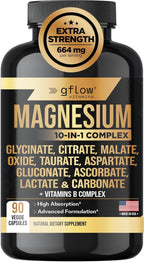 gflow vitamins Magnesium Complex Supplement - 10 Active Forms, Glycinate, Citrate, Malate, Oxide, Taurate, Aspartate, Gluconate, Ascorbate, Lactate, Carbonate, Plus More with Vitamin C B1 B2 B6 B12