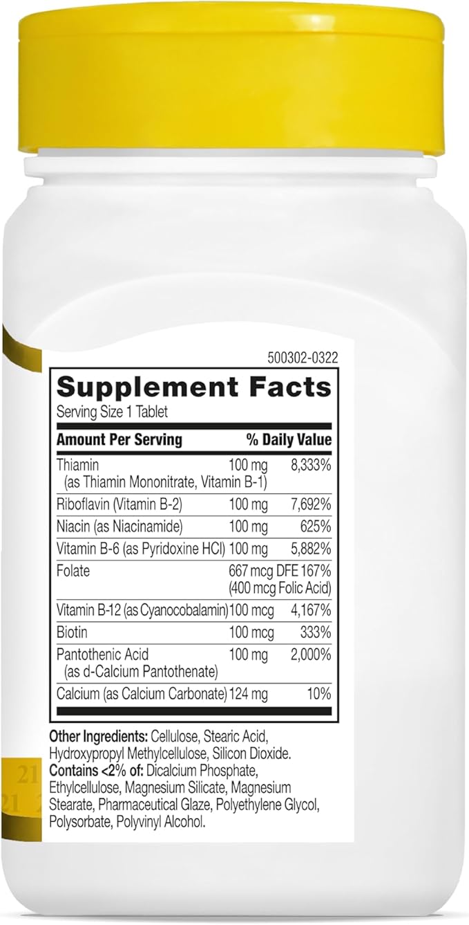 21st Century B-100 Complex Prolonged Release Tablets, 60 Count (Pack of 1), High Potency Vitamin B Complex for Nervous System, Energy Support, Includes Vitamin B1, B2, B6, Biotin & Calcium