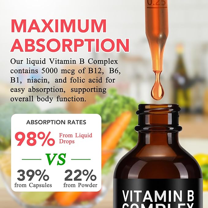 Organic Vitamin B Complex Drops for Men & Women | Vitamin B12 Methylcobalamin, B6, B1, B9 for Metabolic Health Support | Immune Support, Non-GMO, Gluten Free - 2 Month Supply 60ML