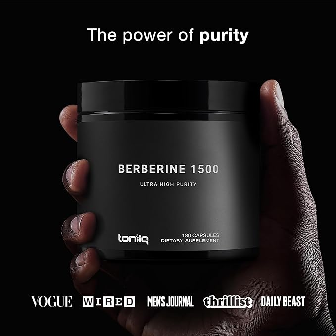 Toniiq Ultra High Strength Berberine HCl from The Himalayas - 100:1 Concentrated Extract - Lab-Tested 97% Berberine HCl - 180 Vegetarian Capsules, 1500 mg per Serving