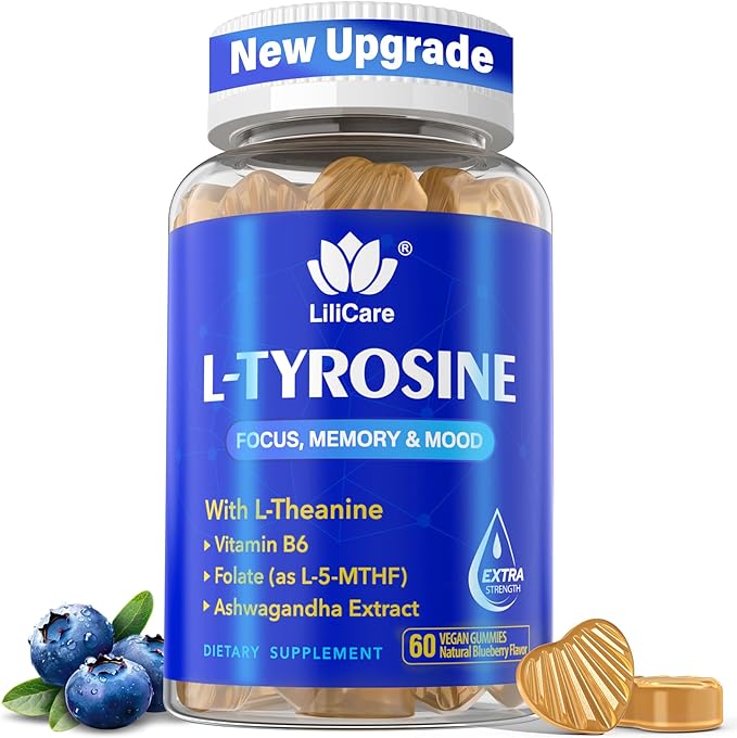 L Tyrosine Focus Supplement Gummies 1100mg for Adults, Brain Supplements for Memory and Focus, L-Tyrosine Gummies with Ashwagandha, I-Theanine for Calm & Mood - Vitamin B6 & B9 for Energy-Vegan, 60ct
