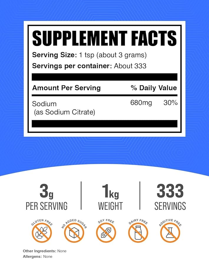 BulkSupplements.com Sodium Citrate Powder - Sodium Citrate Food Grade, Emulsifier, Flavor Enhancer - Gluten Free, 3g per Serving, 1kg (2.2 lbs) (Pack of 1)