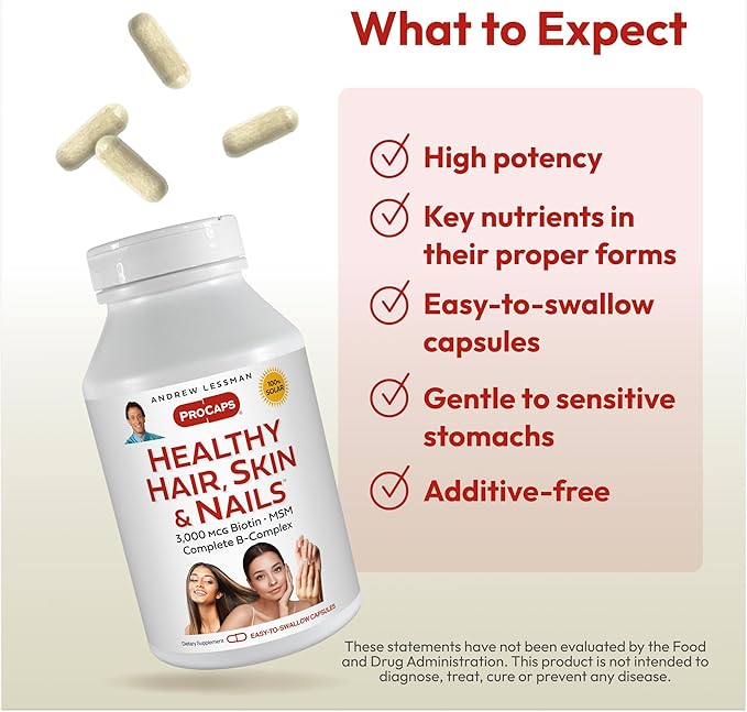 ANDREW LESSMAN Healthy Hair, Skin and Nails 120 Capsules - 3000 mcg High Bioactivity Biotin, B-Complex. Promotes Beautiful Skin, Strong Nails. No Additives Hair Growth Vitamins Biotin Supplement