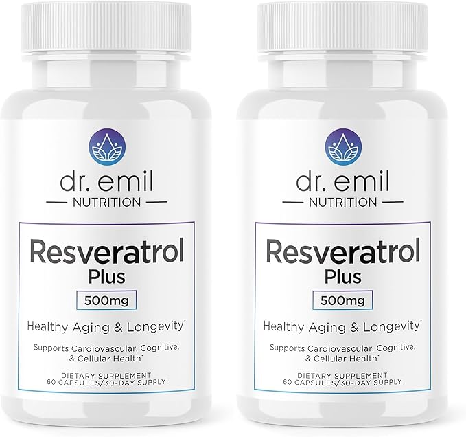 DR. EMIL NUTRITION Resveratrol Supplement - Healthy Aging Supplement with 500mg Resveratrol and 100mg Quercetin - Supports Normal Cellular & Cognitive Health, Twin Pack