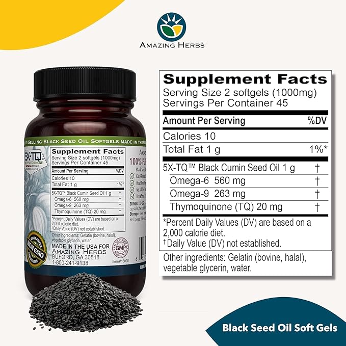 Amazing Herbs Premium Black Seed Oil Capsules - Gluten Free, Non GMO, Cold Pressed Nigella Sativa Aids in Digestive Health, Immune Support- 90 Count, (Pack of 2)