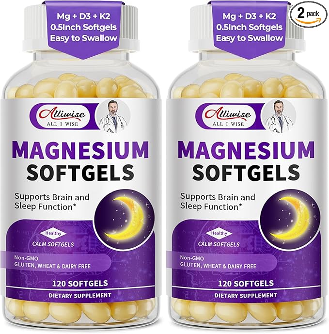 2 Pack High Absorption Magnesium Glycinate 400mg Softgels Supplement, Magnesium with Calcium - Highly Bioavailable - with Vitamin D3 & K2, for Sleep, Mood, Brain Support