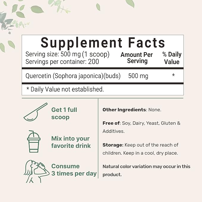 Pure Quercetin Dihydrate Powder, Quercetin 500mg Per Serving, 100 Grams, Most Bioavailable Grade and Filler Free, Powerful Antioxidant Supports Energy, Immune System, No GMOs and Vegan