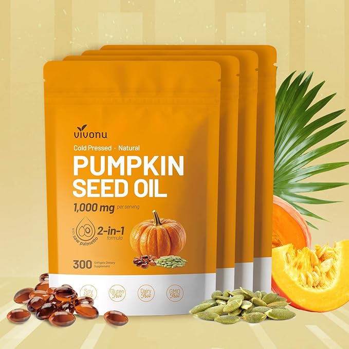 VivoNu Organic Pumpkin Seed Oil Capsules,Cold Pressed Pumpkin Seed Oil with Saw Palmetto Capsules, for Prostate Health, BPH Support, Hair Growth & Bladder Control - Non-GMO, Sugar-Free, 300 Softgels