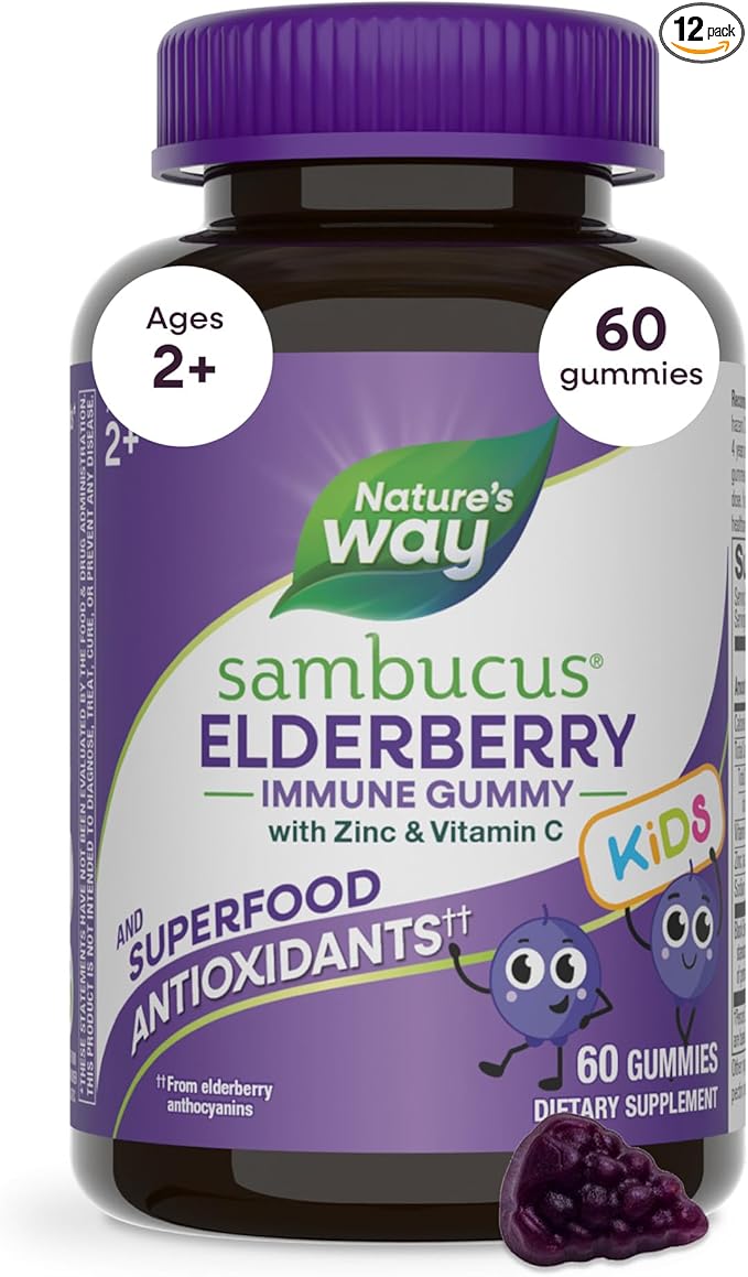 Nature's Way Sambucus Kids Elderberry Immune Gummies with Black Elderberry Extract, Daily Immune Support Gummy with Vitamin C and Zinc for Children Ages 2+*, 60 Gummies (Pack of 12)