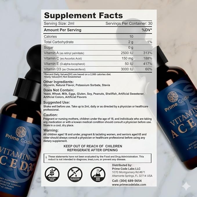 Prime Code Liquid Vitamin A Supplement for Women & Men with Vitamin C E and D3, Vitamin A C E D3 Drops for Adults, Non-GMO, Faster Absorption & Immune Support, Natural Orange Flavor Drops