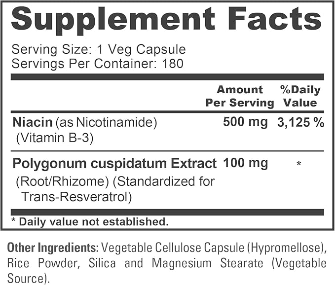 NusaPure Nicotinamide with Resveratrol (Vitamin B-3) 500 mg - 180 Vegetarian Caps (Non-GMO & Vegan)