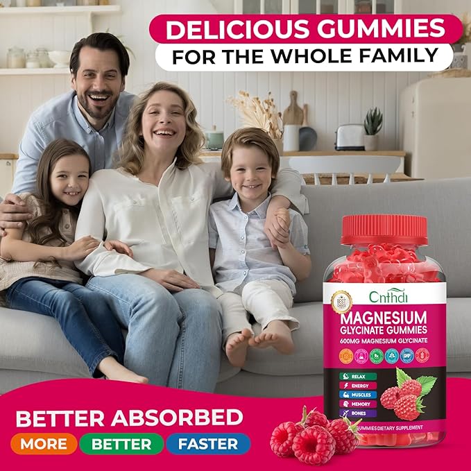 Magnesium Glycinate Gummies 600mg, High Absorption Magnesium Gummies, Black Currant Oil, Calcium, Vitamin B6, Sugar Free Chews for Adults & Kids Relaxation, Stress Relief, Night Rest