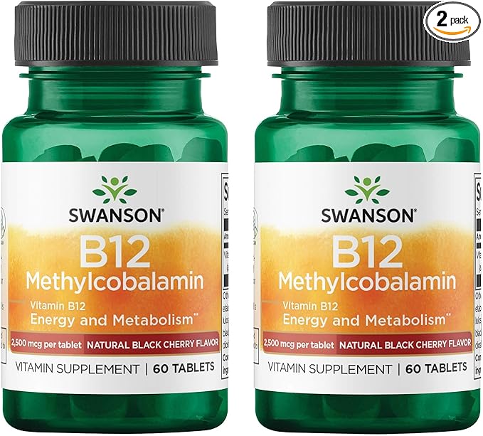 Swanson Vitamin B12 Methylcobalamin - Natural Black Cherry Flavored 2,500 mcg 60 Tabs (2 Pack)