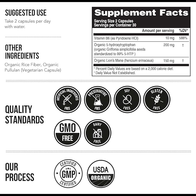 Organic 5-HTP - 200 mg | 99% 5HTP Concentration, Plus Cofactor Vitamin B6 & Lion’s Mane | Water Extracted from Organic Griffonia Seeds | Supports Mood, Cognition & Sleep (60 Capsules | 30 Servings)