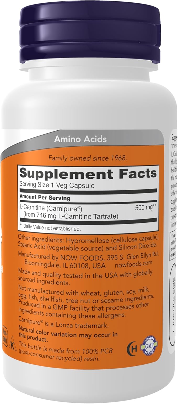 NOW Foods Supplements, L-Carnitine 500mg, Purest Form, Amino Acid, Fitness Support*, 60 Veg Capsules
