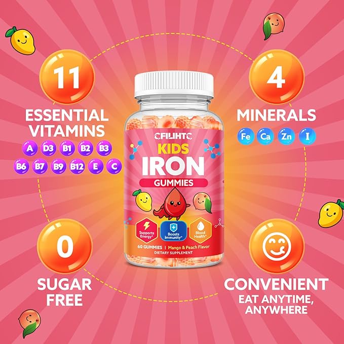 Iron Gummies for Kids & Teens, Kids Multivitamin with Iron Supplement, Calcium, Folate, Zinc, Prebiotic - for Blood Builder & Energy Support, Iron Deficiency - Vegan & Non-GMO - Mango & Peach