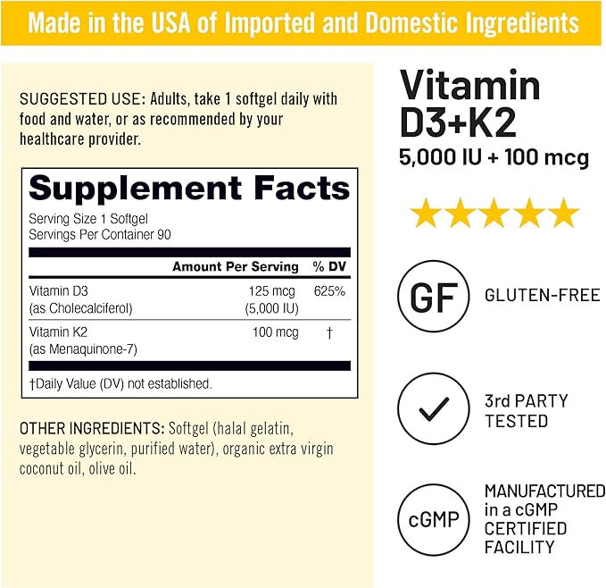 NatureWise Vitamin D3 5000IU + K2 (MK7) 100mcg with Organic Extra Virgin Coconut Oil - Supports Calcium Absorption, Bone & Immune Health - Non-GMO, Soy & Gluten-Free - 90 Softgels[90-Day Supply]