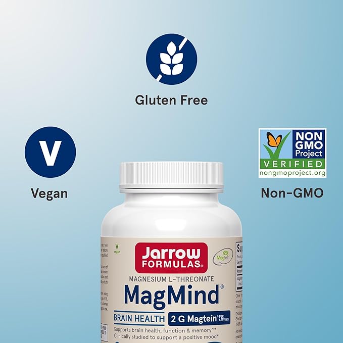 Jarrow Formulas Magnesium L-Threonate, MagMind Magtein Magnesium Supplement, Brain Supplements for Memory Support, 90 Veggie Capsules, Up to a 30 Day Supply