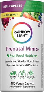 Rainbow Light Prenatal + Multivitamin for Women | 180 Vegan Caplets | Essential Nutrition for Mom & Baby | Real Food Nutrients, Digestive Enzymes, & Probiotics