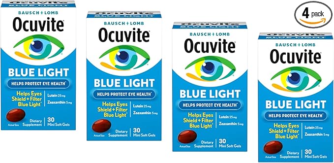 Bausch + Lomb Ocuvite Blue Light Eye Health – Mini Soft Gels with 25 mg Lutein + 5 mg Zeaxanthin – Eye Defense for Screen Time, Gamers, & Digital Device Users, 30 ct (Pack of 4)