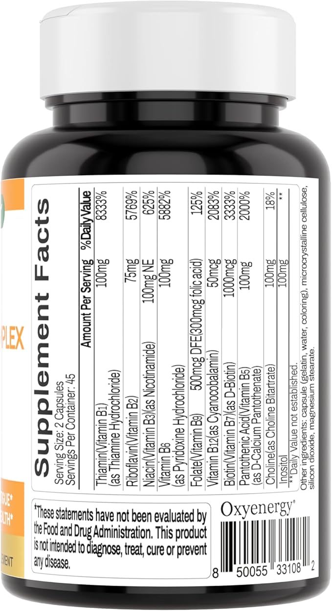 OxyEnergy Mega Vitamin B Complex for Women and Men, with Choline Inositol Biotin Folic Acid B1 B2 B3 B5 B6 B12, Neurological Health Support Cellular Energy - 90 Capsules,45Days Supply