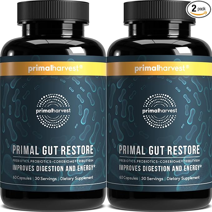 Primal Harvest 2 Pack, Restore for Gut Health, Primal Gut Restore w/POSTbiotics, PREbiotics and PRObiotics for Women and Men, 60 CT - Digestion, Colon Cleanse, Helps Leaky Gut Repair