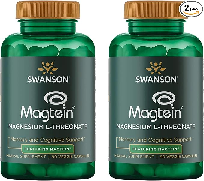 Swanson Magnesium L-Threonate Brain and Cognitive Health Supplement for Professionals Seeking Mental Clarity - 96 mg Magnesium per Serving (90 Vegan Capsules, 2 Pack)