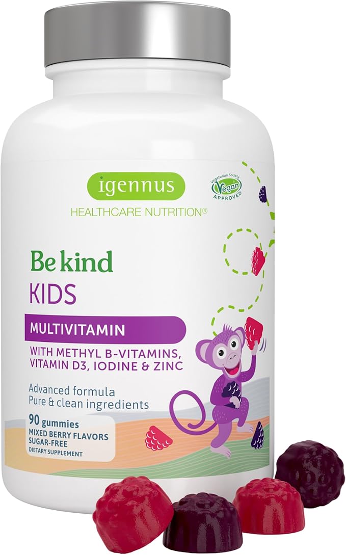 Igennus Methylated Kids Multivitamin Gummies, MTHFR, No Artificial Sweeteners or Flavors, Sugar Free, Age 4+, 90 Natural Berry Flavor Gummies from Fruit Powder, Non-GMO, Halal, Clean Label