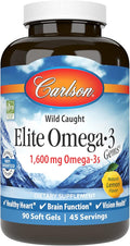 Carlson Elite Omega-3 Gems, 1600mg Omega-3s with EPA & DHA, Wild-Caught Norwegian Fish Oil, Lemon Flavor, 90 Softgels