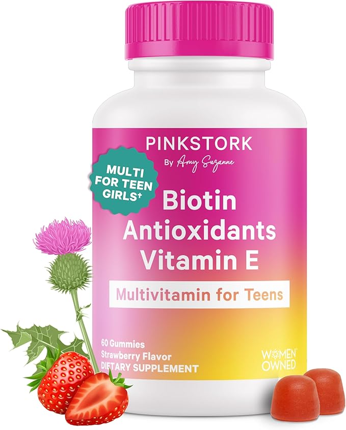 Pink Stork Biotin, Antioxidants, Vitamin E Multivitamin for Teens - Clinically Studied Vitamins + Nutrients for Teens - Beautiful Hair, Radiant Skin, Strong Nails, + Immune Support - 60 Berry Gummies