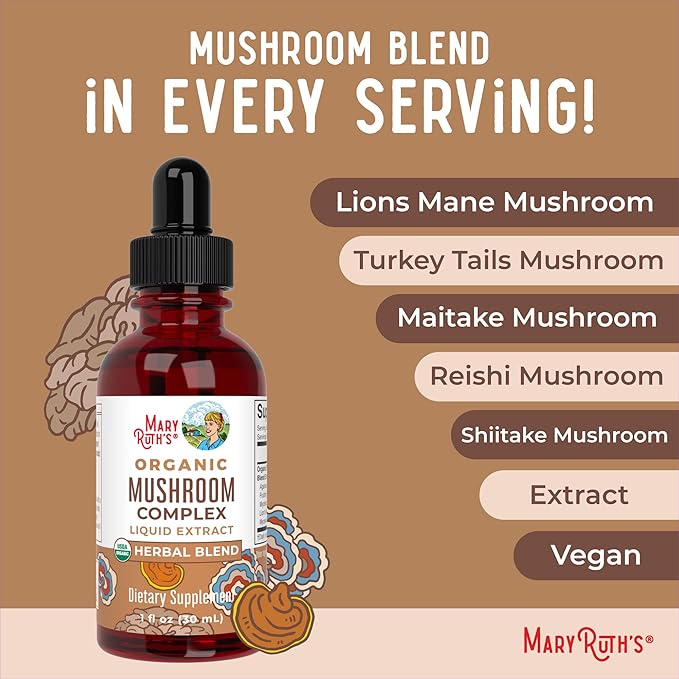 MARYRUTH'S Mushroom Complex | Lion's Mane | Turkey Tail | Reishi Mushroom | Shiitake Mushrooms | Alcohol Free | Mushroom Blend | Organic | Non-GMO | Vegan | 30 Servings
