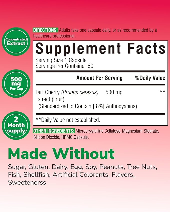 Tart Cherry Capsules, 500 mg Tart Cherry Extract Per Capsule, Montmorency Tart Cherries, Uric Acid Balance, Immune Support, Non-GMO, 60 Vegan Capsules