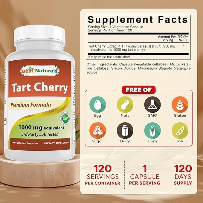 Best Naturals Tart Cherry Extract 1000 mg (Non-GMO) Veggie Capsules - Promotes Healthy Uric Acid Levels Within Normal Range, Healthy Joint Function & Promotes Healthy Sleep Cycle, 120 Count
