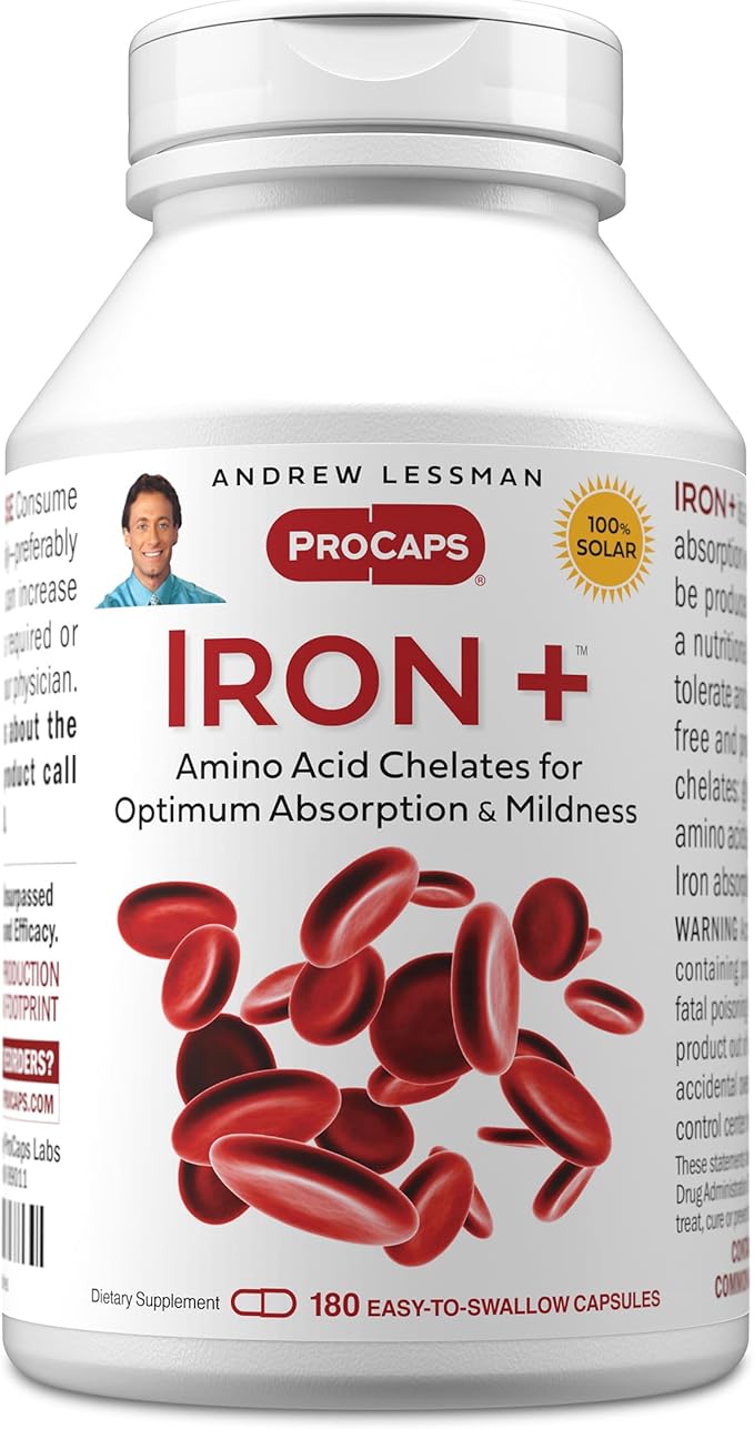 ANDREW LESSMAN Iron Plus 180 Capsules - 18mg Iron, 100% Pure Amino Acid Chelated Iron (Glycinate, Aspartate), Plus Vitamin C for Increased Absorption, Small, Easy to Swallow Capsules, No Additives