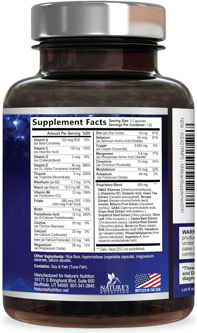 Brain Memory Supplement Pills - 3X Strength Nootropics for Concentration, Clarity & Focus Support - Brain Health Cognitive Vitamins with Bacopa, Phosphatidylserine & DMAE, Brain Booster - 240 Capsules