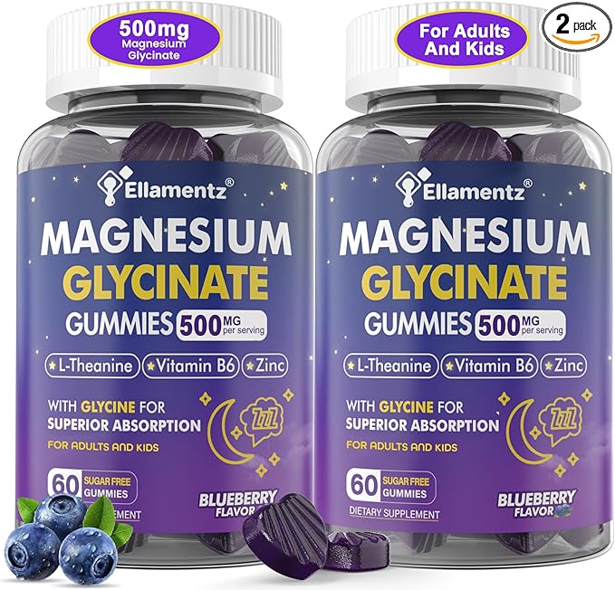 Magnesium Glycinate Gummies 500mg/250mg for Adults Kids Teens, Sugar Free Magnesium Calm Sleep Aid, Kids Sleep Gummies with L-Theanine Glycine B6 for Sleep, Calm, Muscle,Relax Brain,No Melatonin,2Pack
