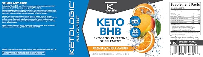 Ketologic Keto BHB (Orange Mango Flavor) 30 Servings - Exogenous Ketone Supplement with goBHB, Beta-Hydroxybutyrate Salts