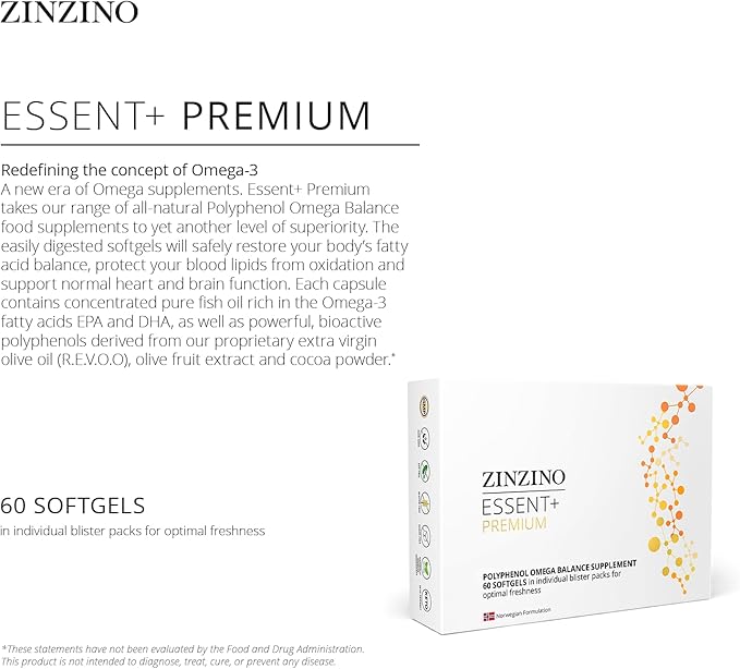 Zinzino - Essent+ Premium, Advanced Polyphenol Omega Balance with Fish Oil, Glycerin, Cold-Pressed Extra Virgin Olive Oil, Vitamin D - 60 Softgels