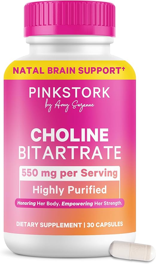 Pink Stork Choline - 550 mg Choline Bitartrate from VitaCholine for Pregnant + Postpartum Moms - Prenatal Vitamin for Fetal Cognitive Health + Breast Milk Quality - 1 Capsule Daily, 30 Count